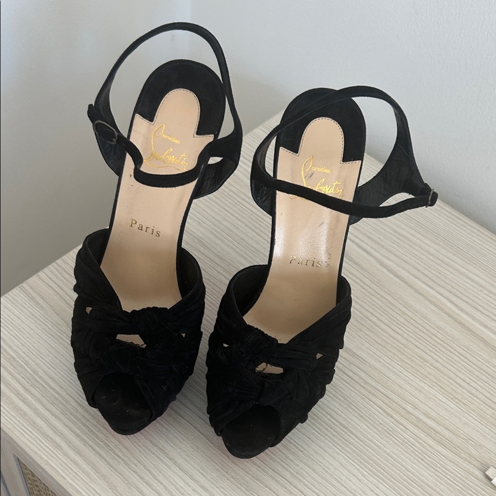 Christian Louboutin Black Suede Knotted Peep-Toe Slingbacks